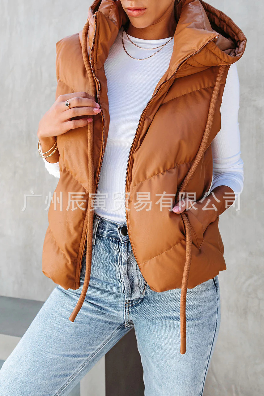 Padded Vest Gilet - Women's Solid Color Hooded Padded Vest